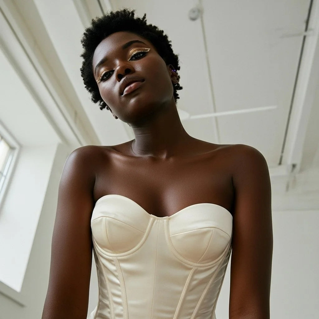 A woman in an Olyinka Lingerie Bella corset top with golden eye makeup and earrings, standing indoors with a white ceiling and window in the background.